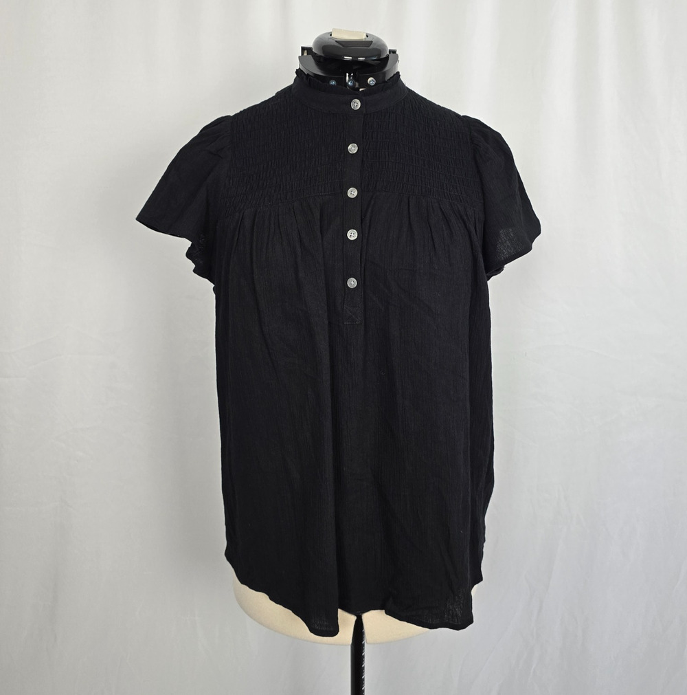 Style & Co Cap Sleeve Blouse Women's 0X Black Henley Mock Smocked Top NWT